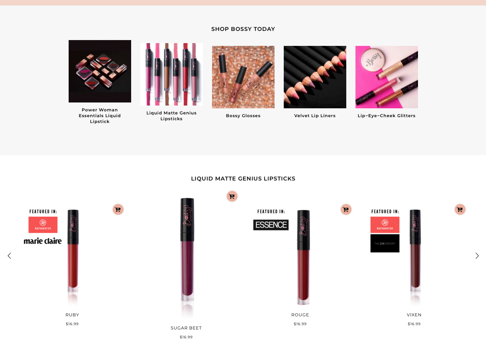 Bossy Cosmetics Homepage Snapshot