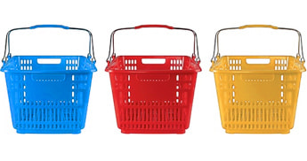 primary colored shopping baskets